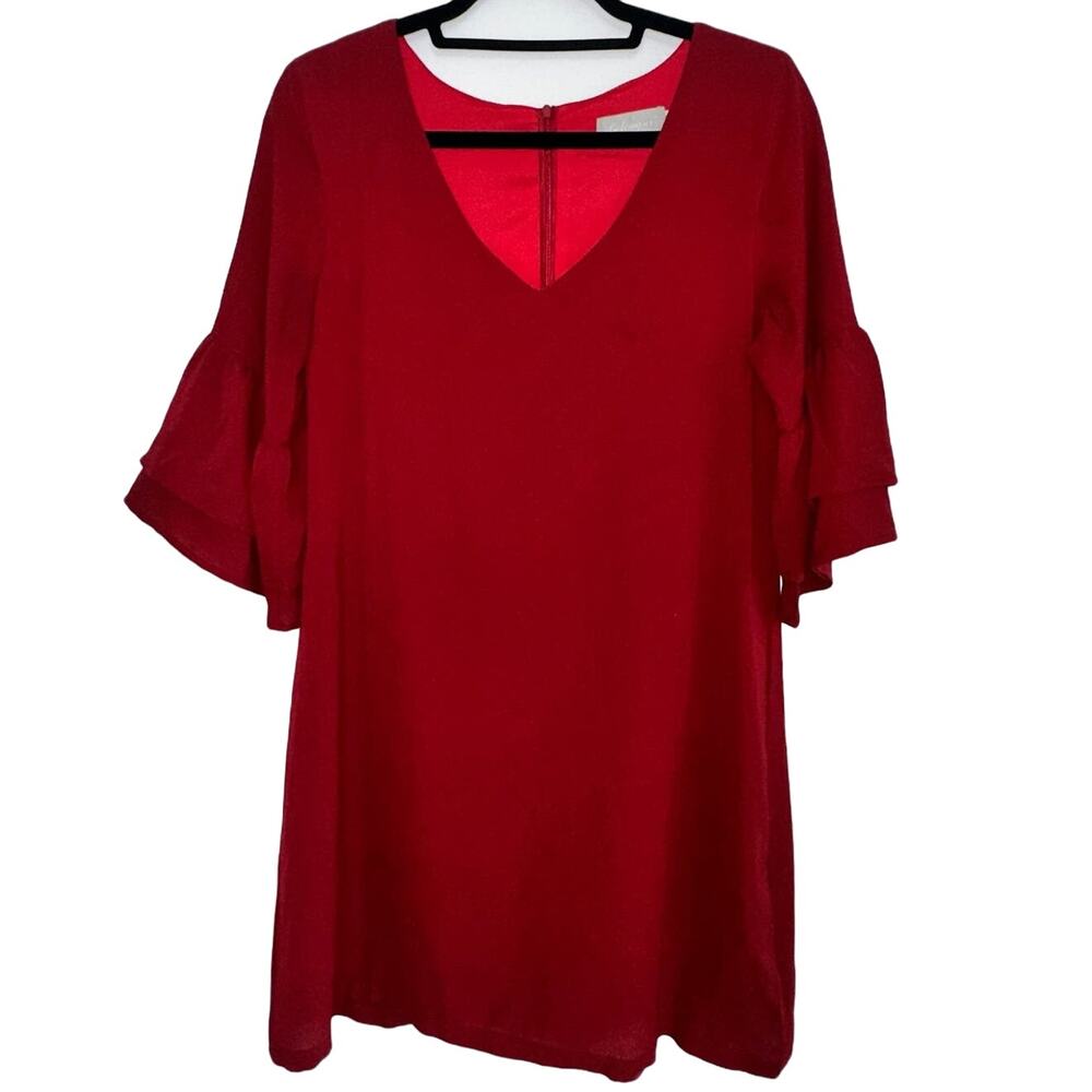 Vintage Red Bell Sleeve Shift Dress V-Neck Flowy Retro Party Dress Size Small - Picture 2 of 10